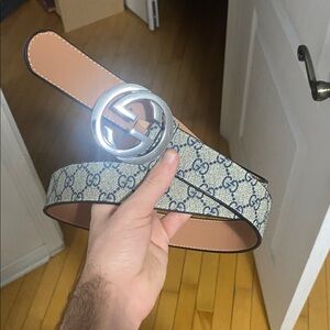 Gucci Gray/Blue GG Monogram Belt with Silver Double G Buckle